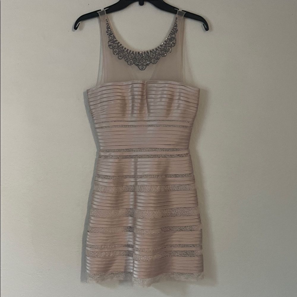 NWT BCBGMaxAzria Champagne Satin Ribbon, Mesh and Rhinestone dress in Size 2